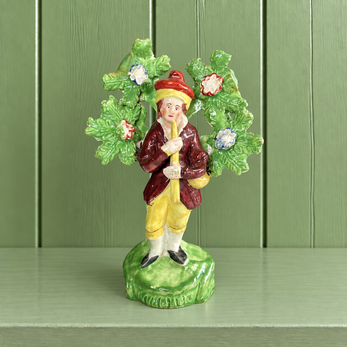 Early 19th Century Staffordshire Figure Piping Shepherd Floral Bocage C 1800