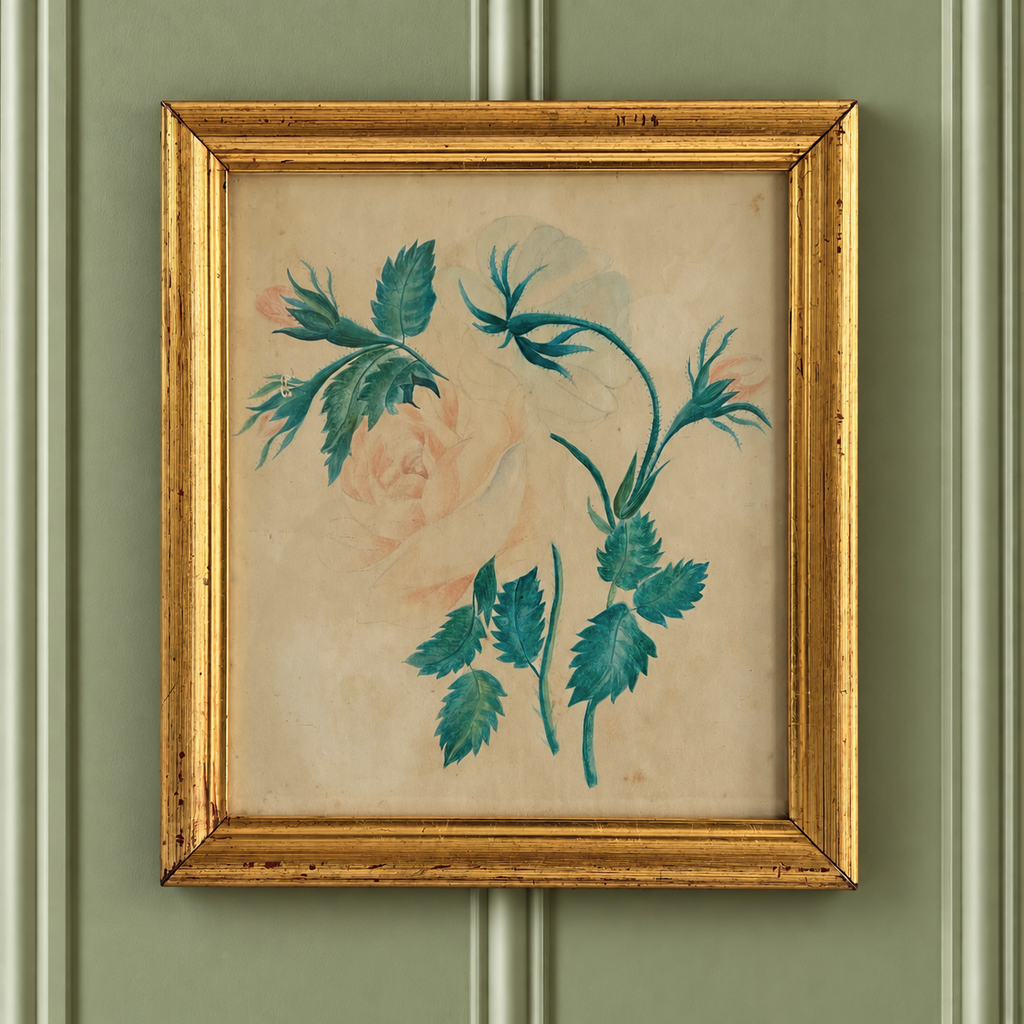 19th Century English Antique Floral Rose Watercolor Painting C 1870
