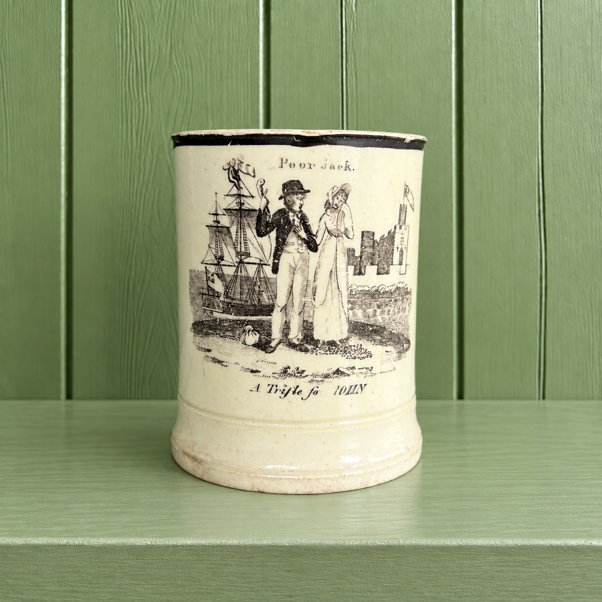 RARE Early 19th Century Liverpool Creamware Mug Poor Jack Trifle For John Herculaneum C 1800