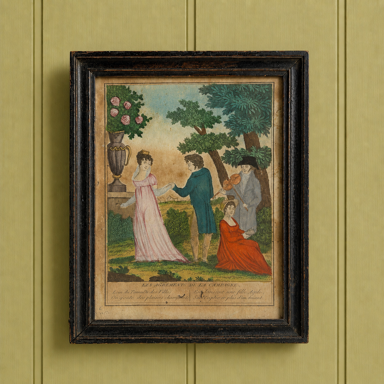 18th Century French Engraving Courtship Countryside Hand Colored C 1780