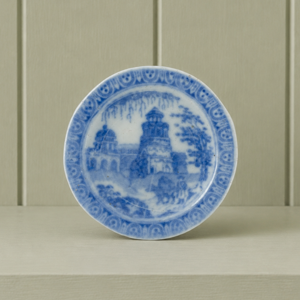 Antique Miniature Dolls Plate Blue and White Temple Ruins Pattern English Circa 1830