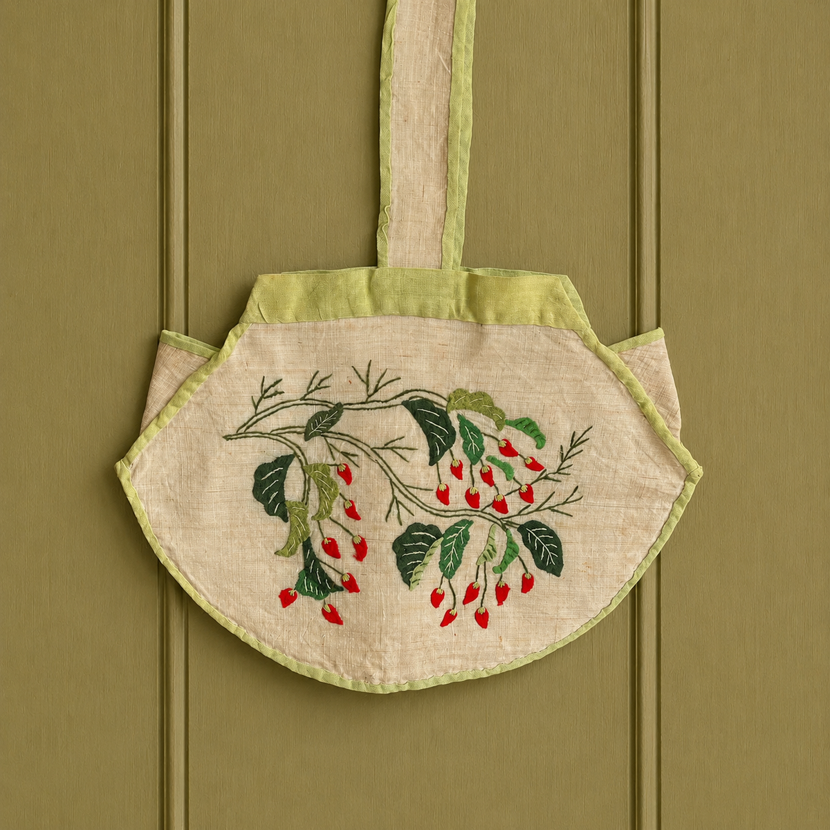 Rare Original 1920s Handbag Lantern Shape Chilli Pepper Vegetable Appliqué Pina Cloth Art Deco