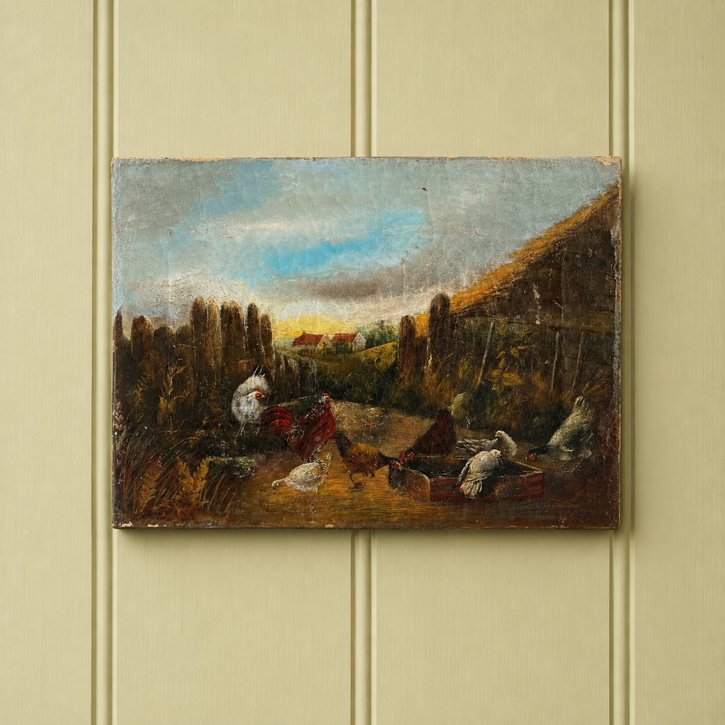 19th Century Folk Art Oil Painting Farmyard Scene Chickens Rooster Hens Farmhouse C 1870