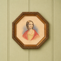 Antique 19th Century Portrait Painting Of A Lady Red Shawl Octagonal Frame Circa 1840s