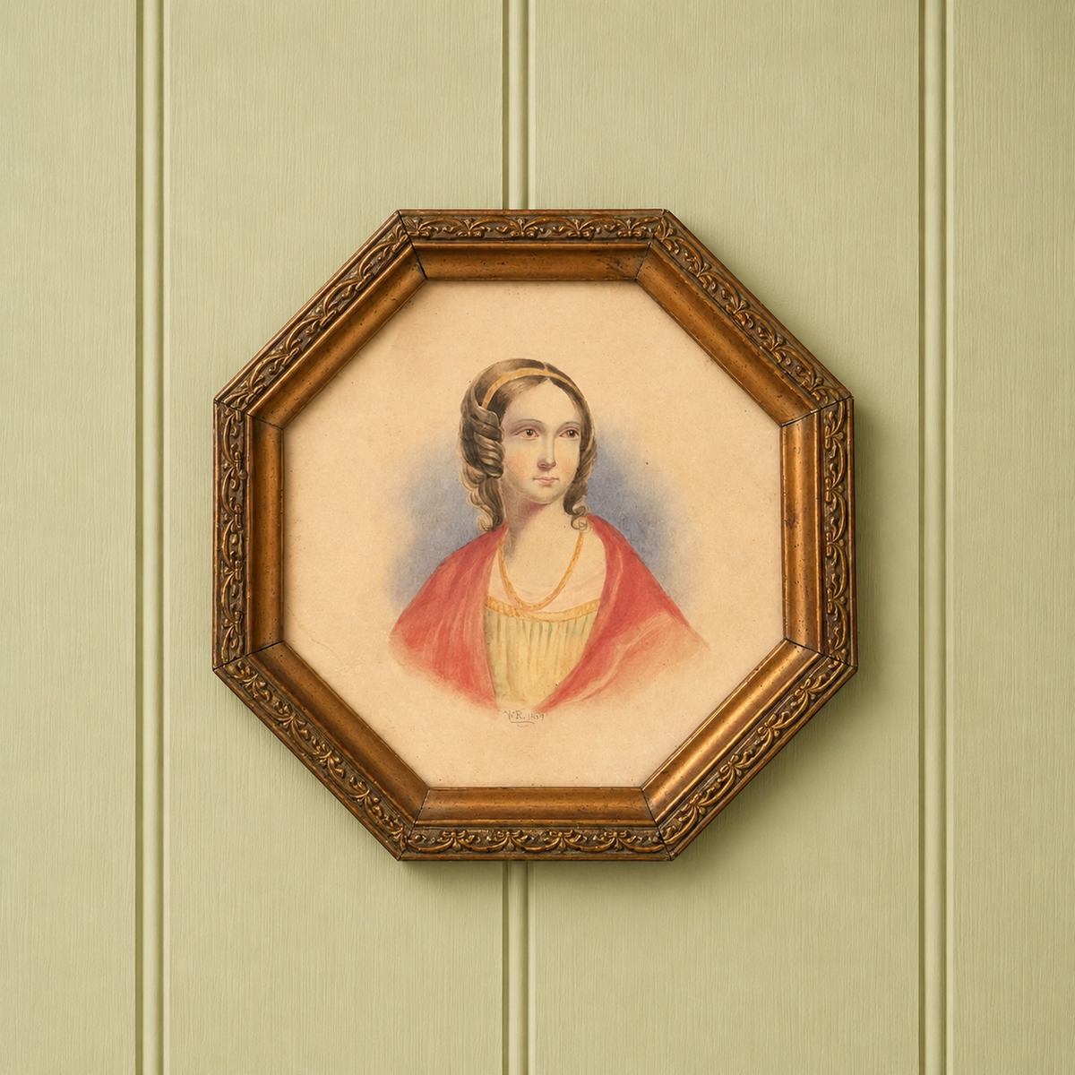 Antique 19th Century Portrait Painting Of A Lady Red Shawl Octagonal Frame Circa 1840s