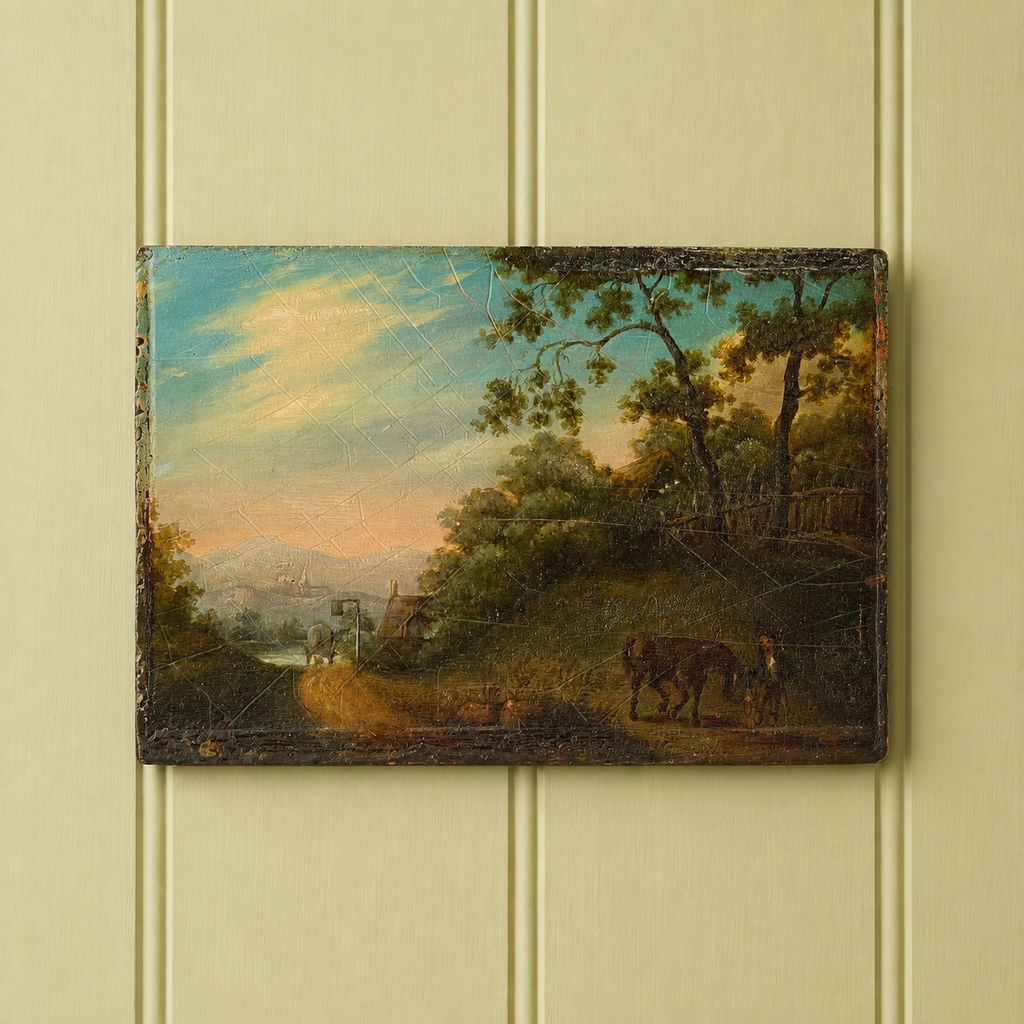 Antique Georgian Miniature Painting Oil On Board Rural Landscape Horses Circa 1800