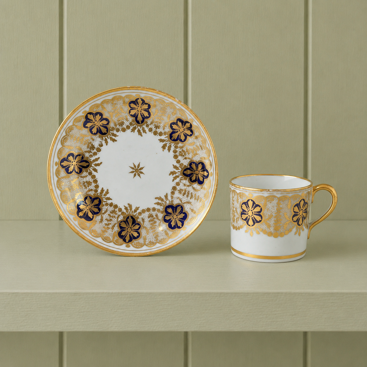 Georgian New Hall Coffee Cup and Saucer Cobalt Blue Gold Gilded C 1805