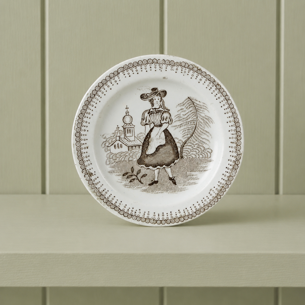 19th Century Miniature Childs Toy Plate Transferware Girl Church Circa 1830