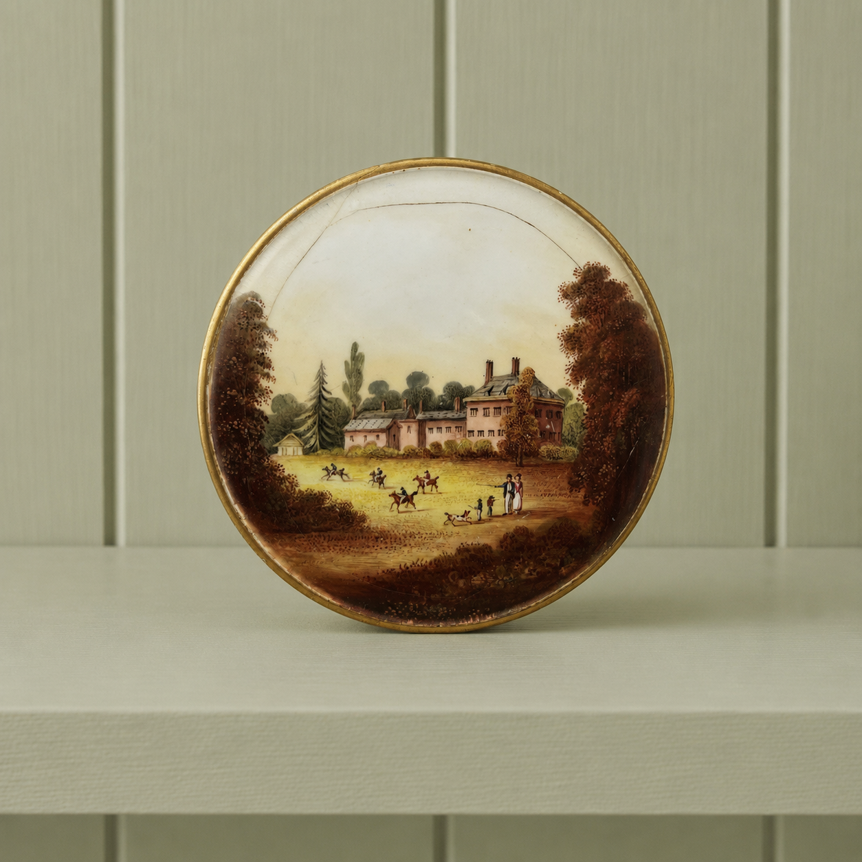 1830s Georgian Porcelain Lidded Box English Country Scene & Floral