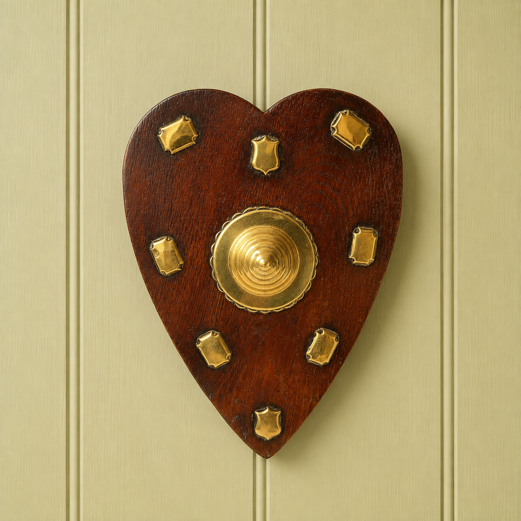 Antique Oak Love Heart Plaque with Horse Brass Mounts C 1890