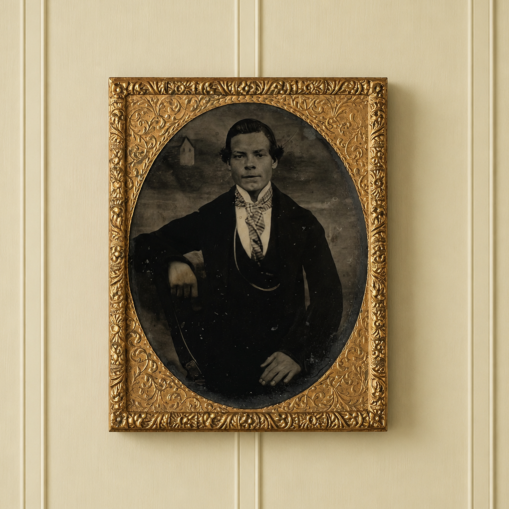 19th Century Victorian Tin Type Photograph Cheeky Young Man Striped Neckerchief Painted Background