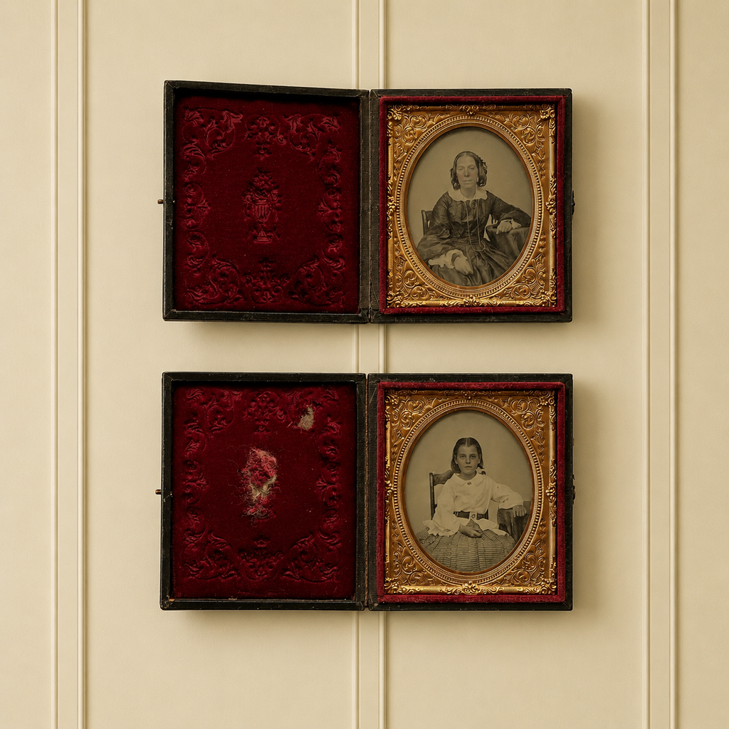 19th Century PAIR Victorian Mother And Daughter Cased Hand Tinted Ambrotype Photograph Sixth Plate