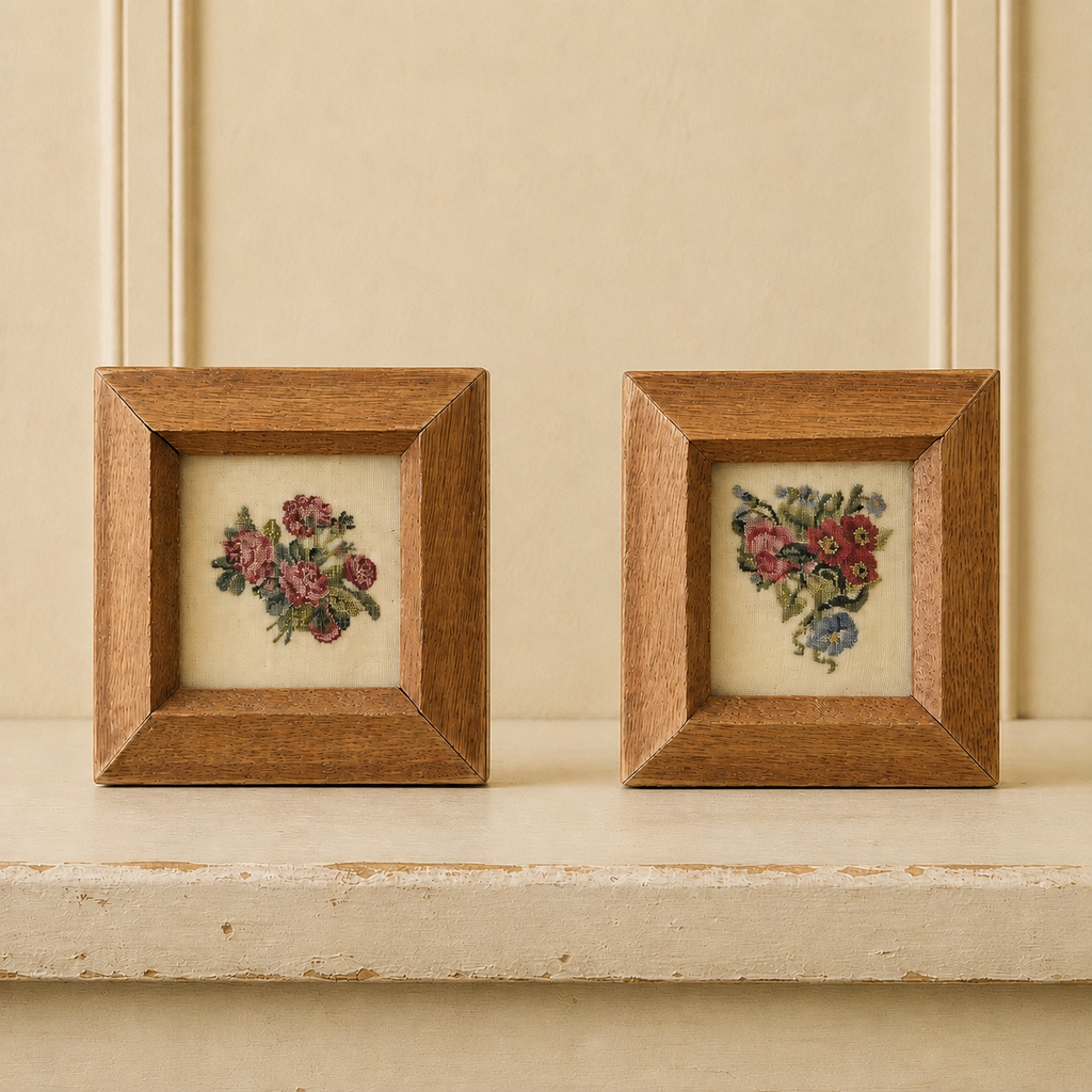Antique 19th Century Pair Miniature Needleworks C 1840