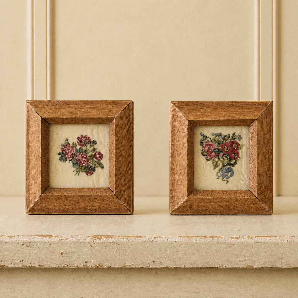 Antique 19th Century Pair Miniature Needleworks C 1840