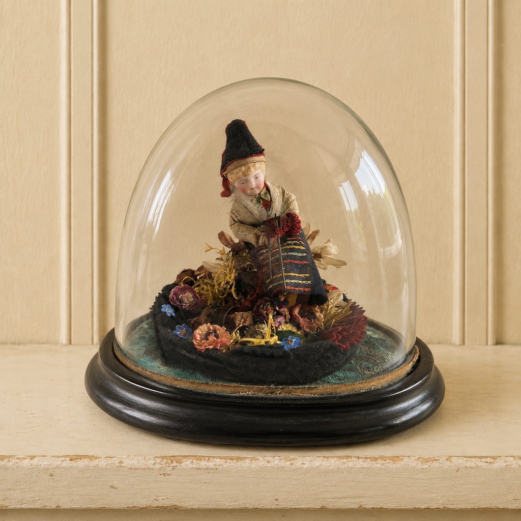 Antique Pen Wipe Knitting Doll In Glass Dome Circa 1860s