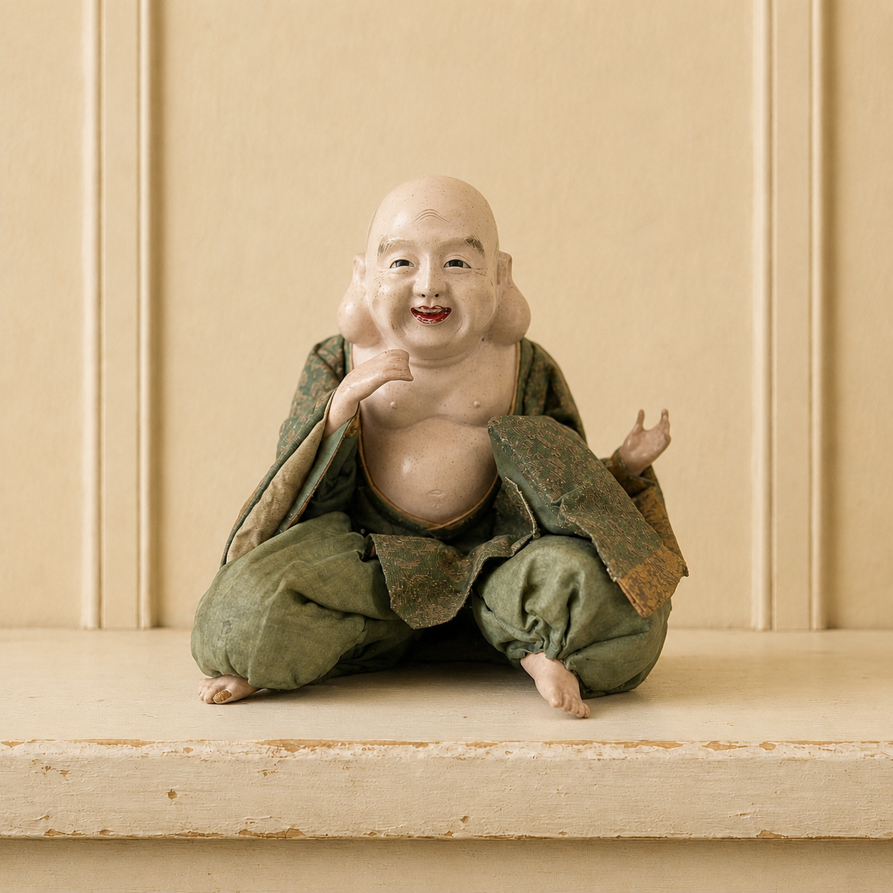 Antique Japanese Doll Laughing Buddha Hotei Edo Period Isho Ningyo Circa 1840 AF