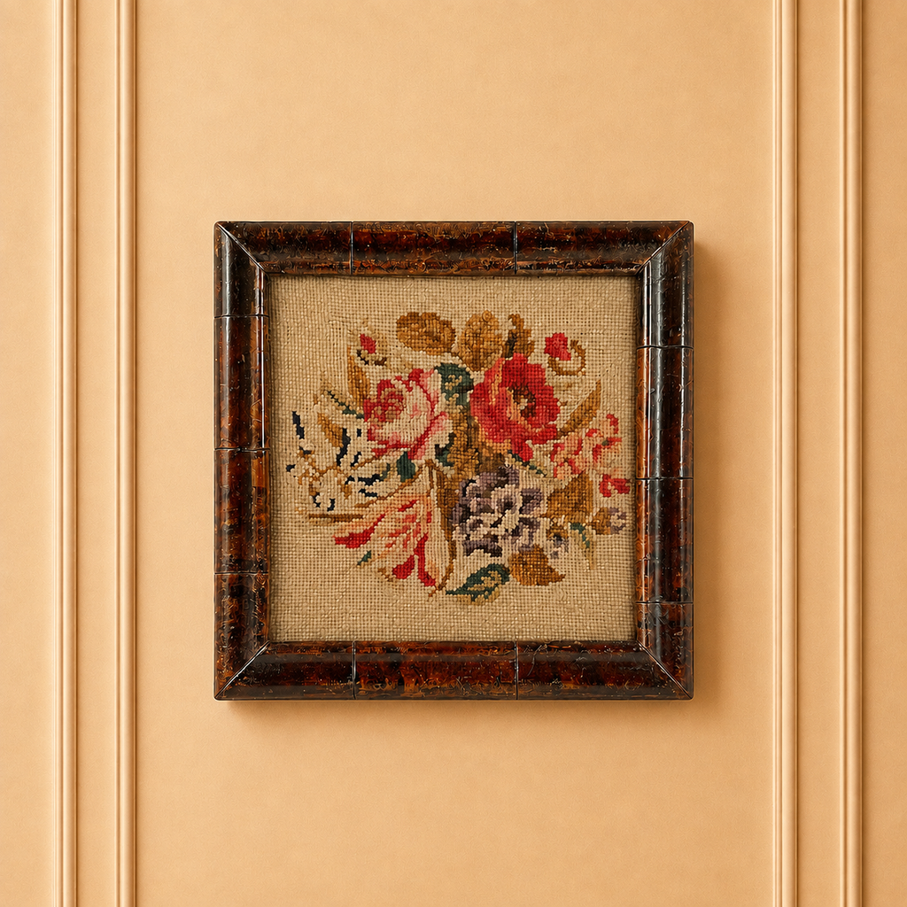 Antique Floral Needlework in Georgian Faux Oyster Veneer Frame