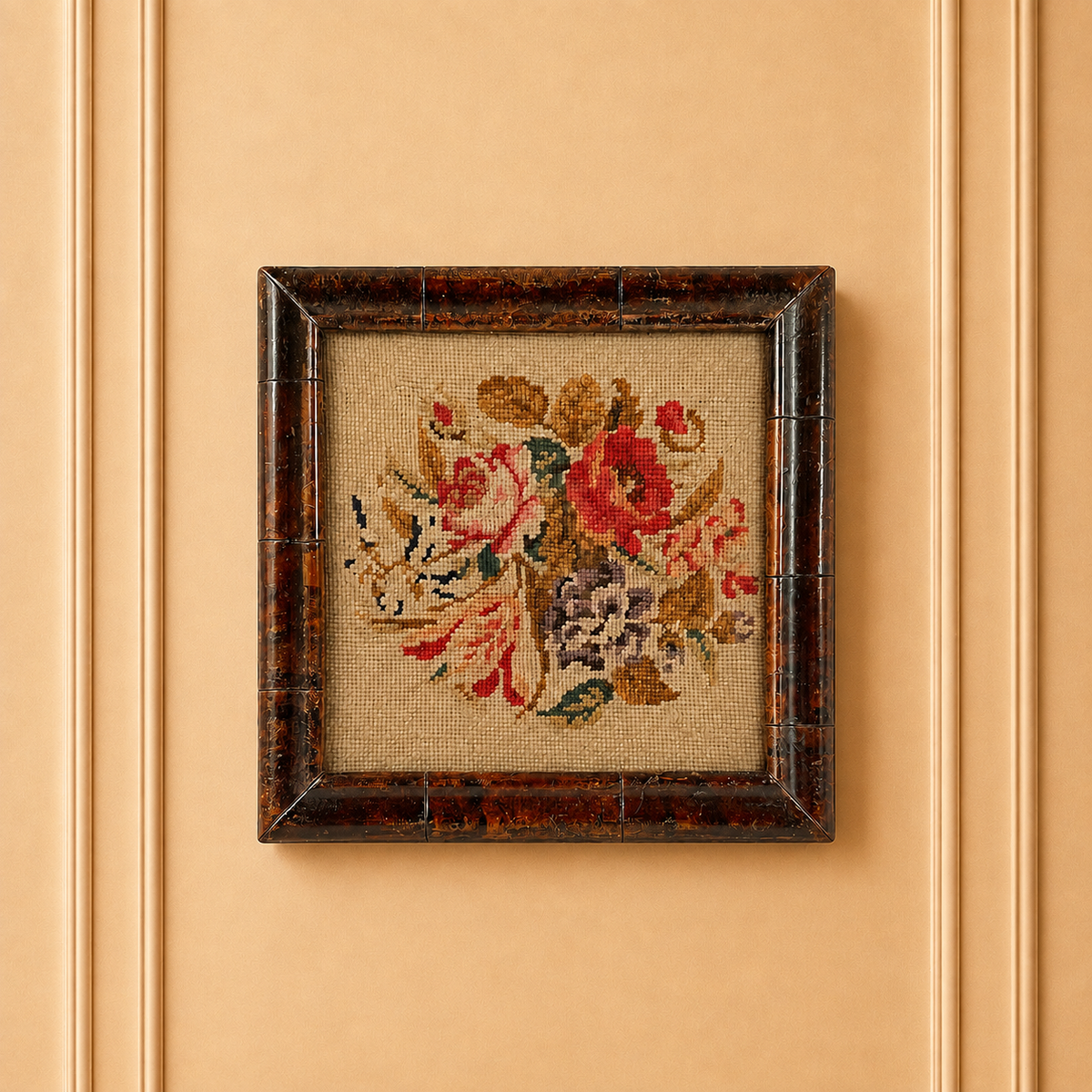 Antique Floral Needlework in Georgian Faux Oyster Veneer Frame