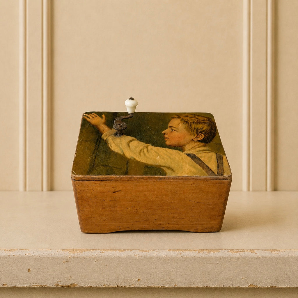 Antique Wooden Music Box Dated 1914 Chromolithograph Young Boy Fully Working