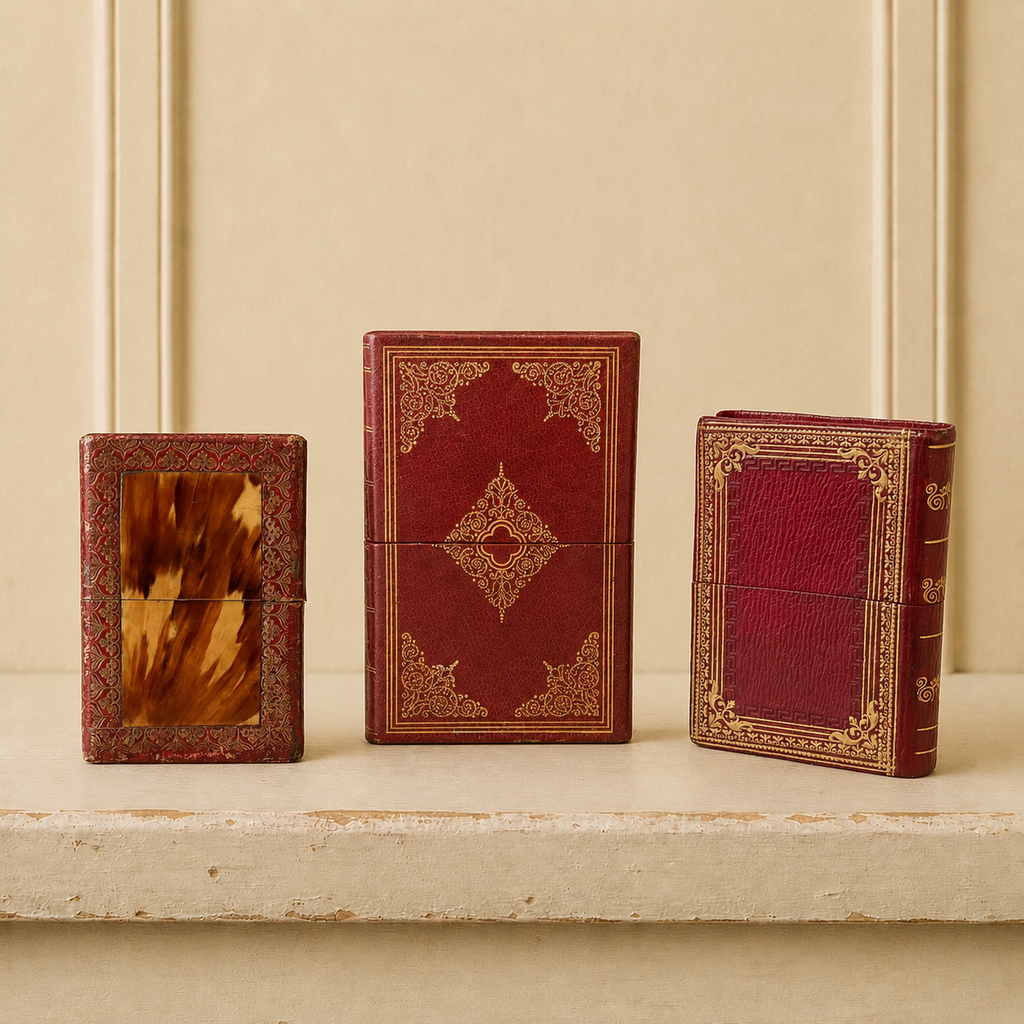 Antique 19th Century Red Leather Calling Card Case Set Of Three