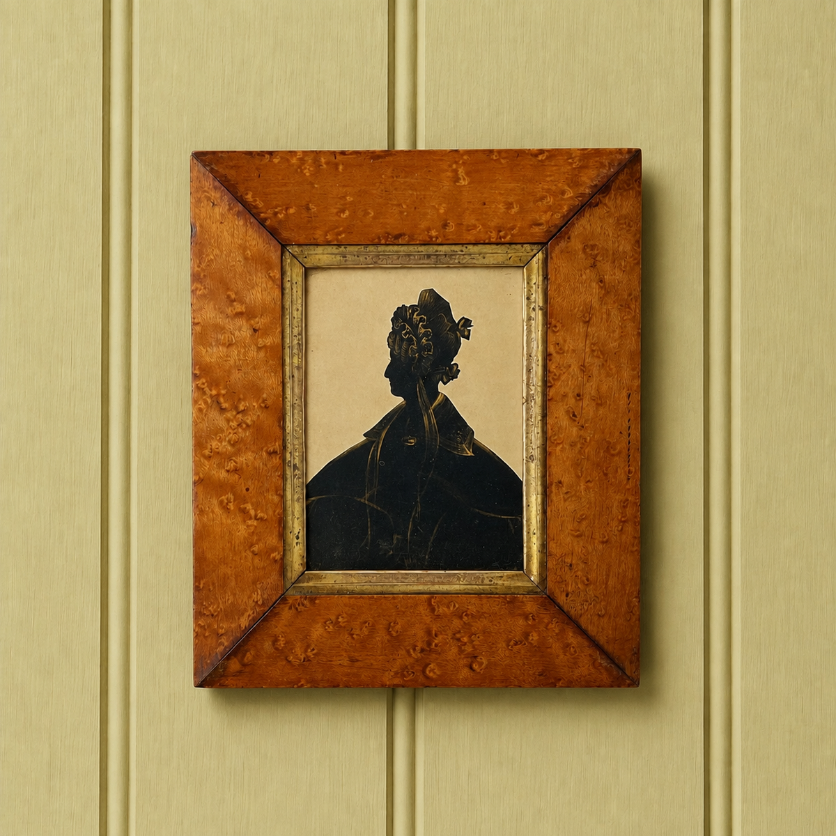19th Century Portrait Silhouette Lady Gigot Sleeves Birds Eye Maple Frame Circa 1830