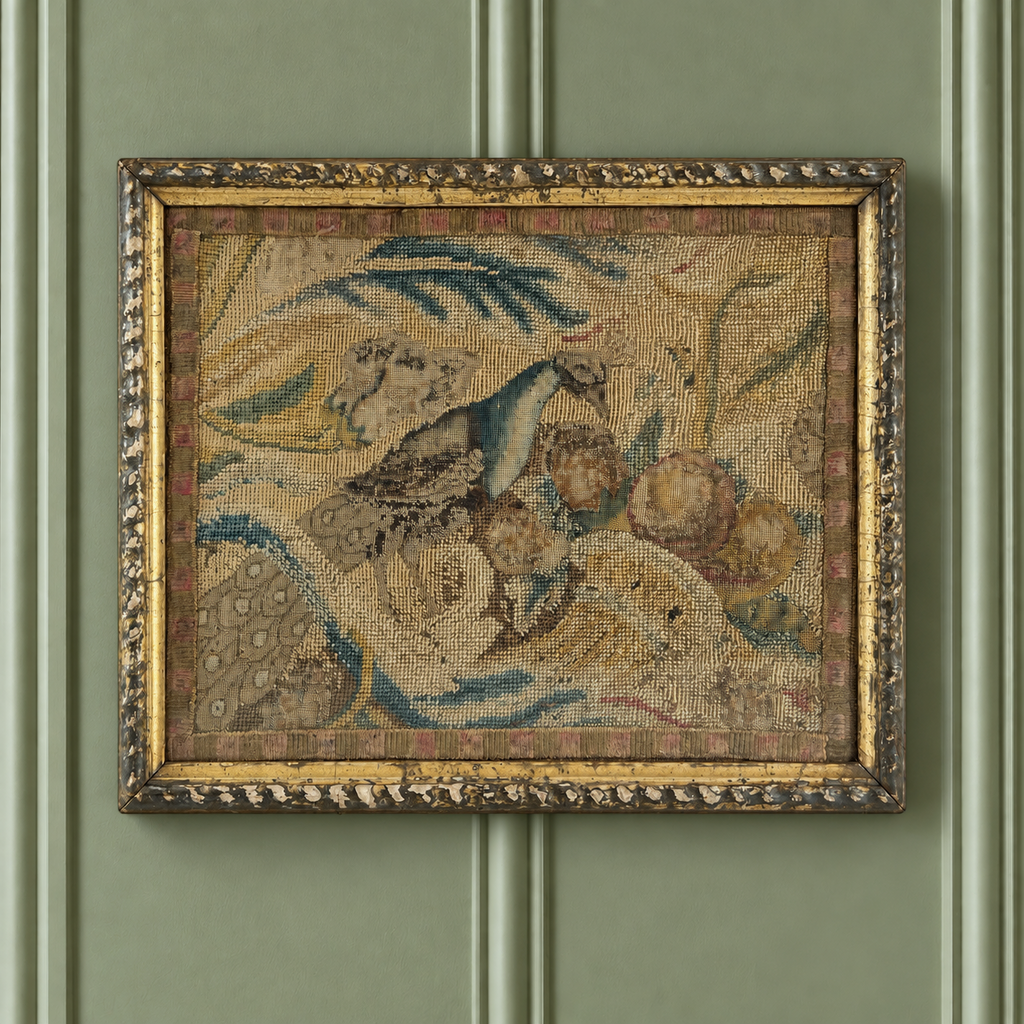 18th Century Needlework Canvas Work Picture Peacock Fruits English C 1740 AF