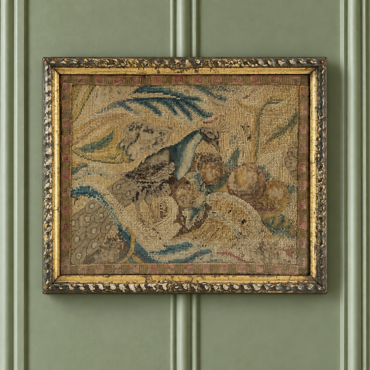 18th Century Needlework Canvas Work Picture Peacock Fruits English C 1740 AF