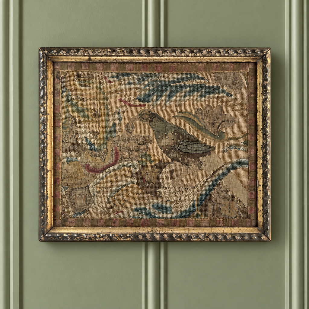18th Century Canvas Work Needlework Peahen Bird English C 1740