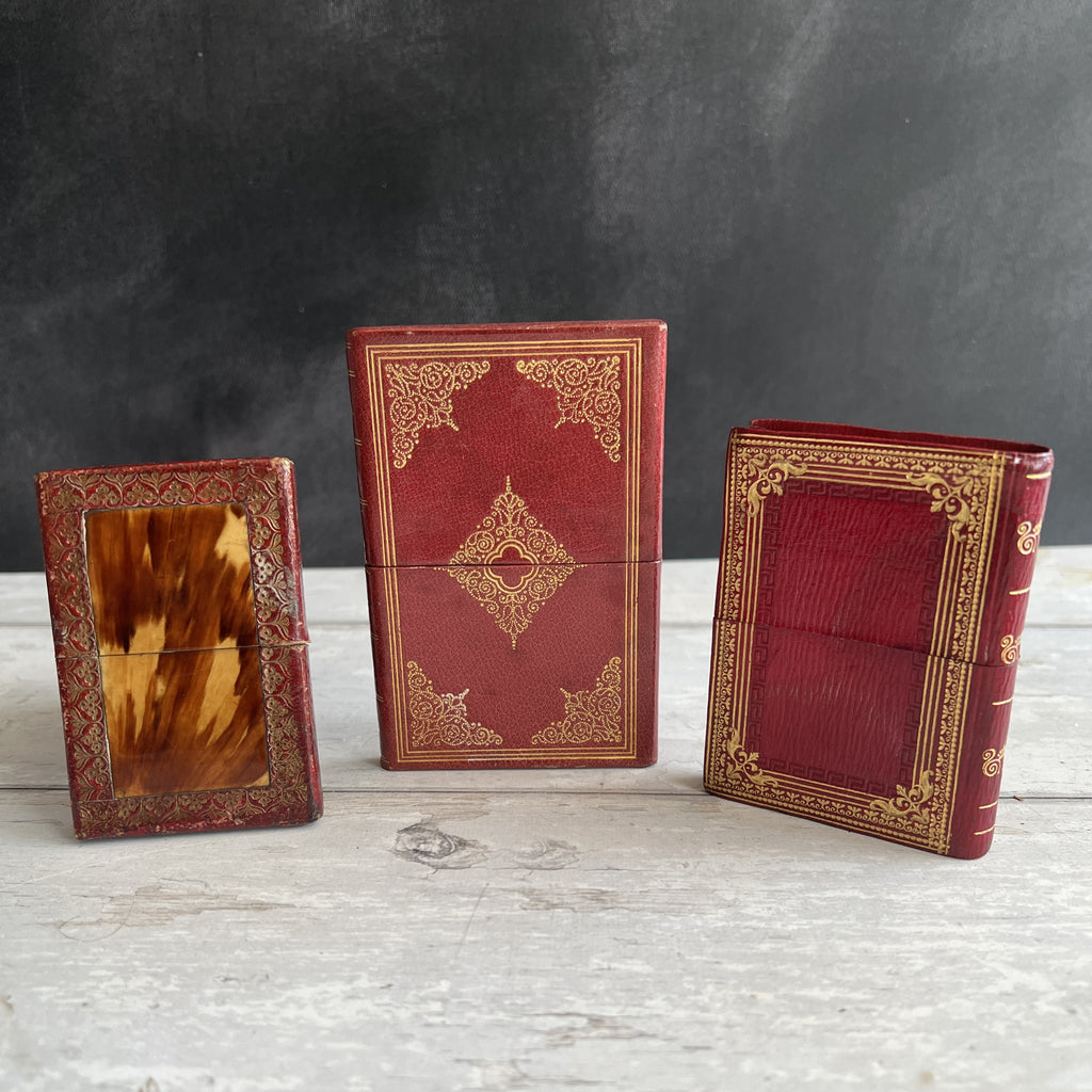 Antique 19th Century Red Leather Calling Card Case Set Of Three