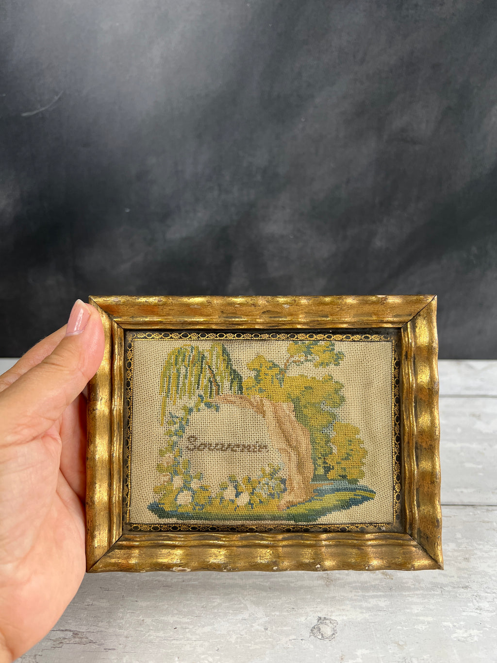 Miniature 19th Century Needlework Picture Mourning Tree C 1820