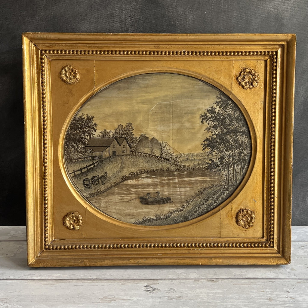 18th Century Silkwork Printwork Embroidery River Scene English C 1790