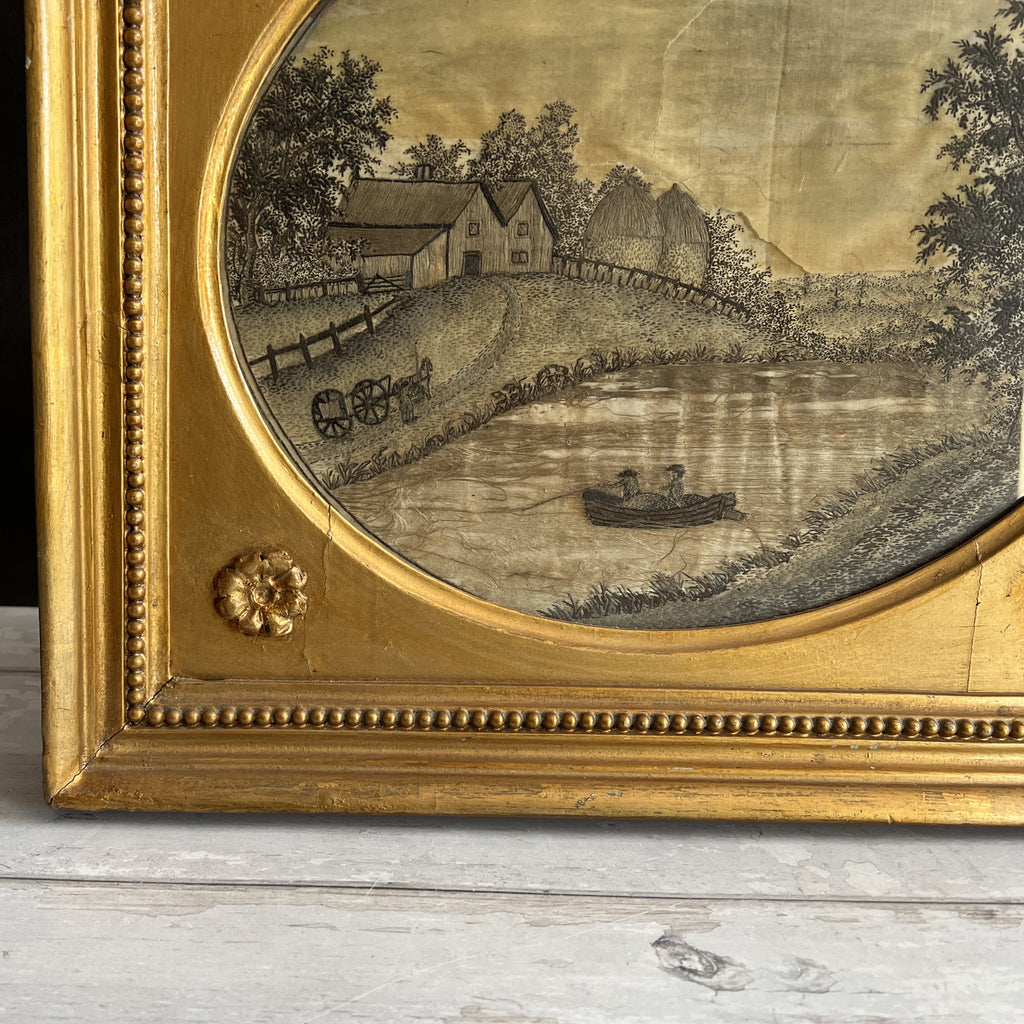 18th Century Silkwork Printwork Embroidery River Scene English C 1790