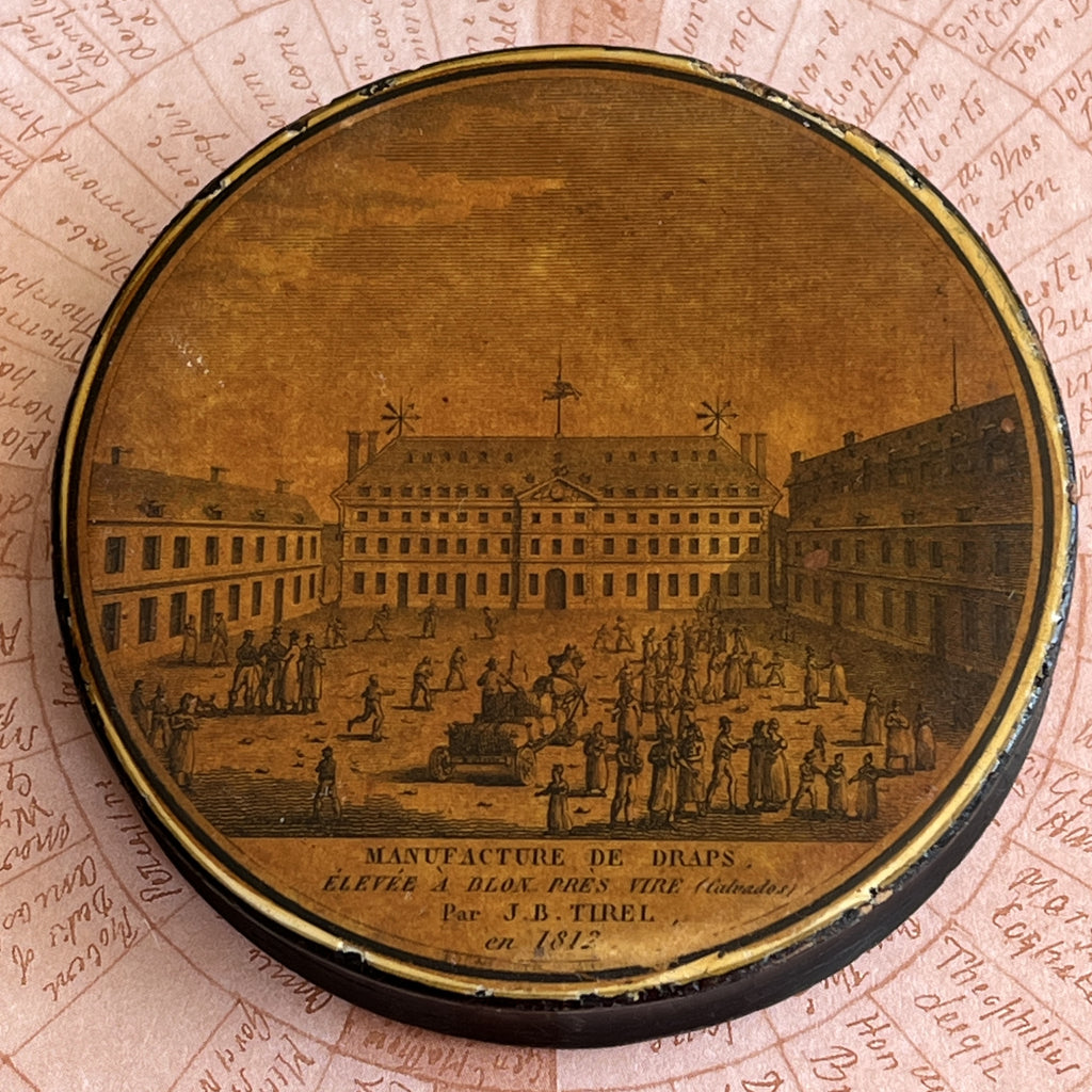 Rare Snuff Box Papier Mache Double Sided Blon Cloth Factory Vaudry France C 1819
