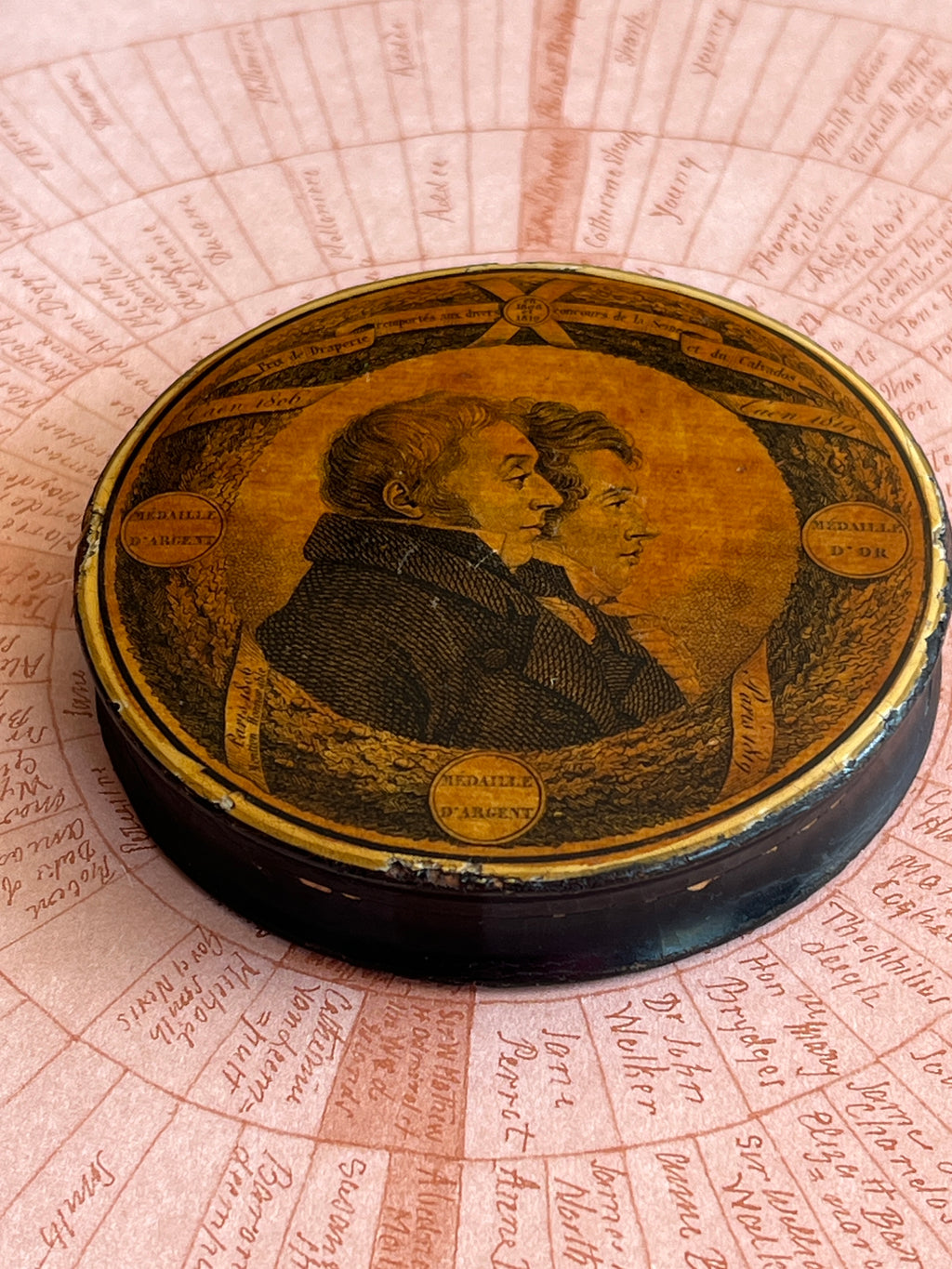 Rare Snuff Box Papier Mache Double Sided Blon Cloth Factory Vaudry France C 1819