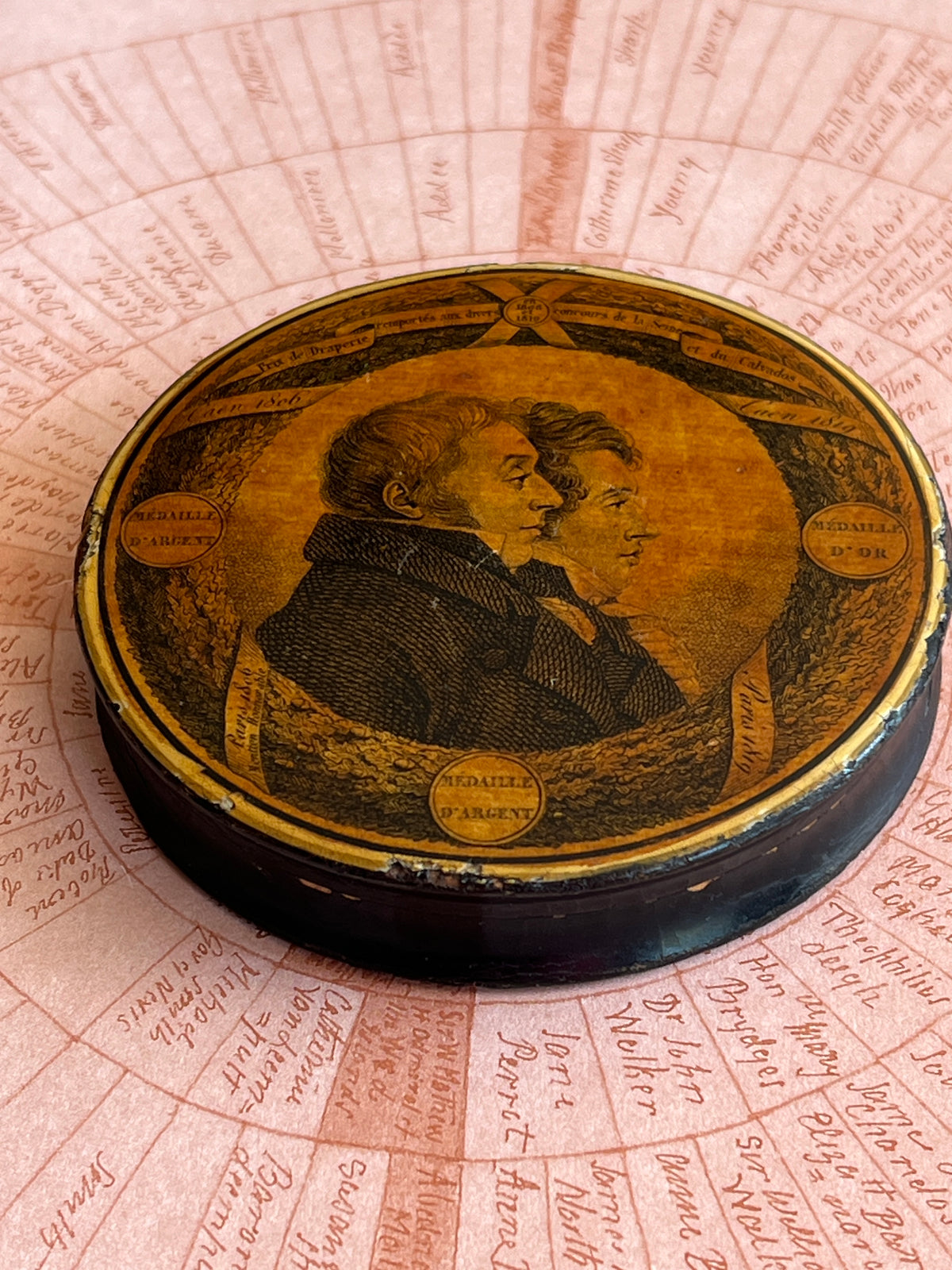 Rare Snuff Box Papier Mache Double Sided Blon Cloth Factory Vaudry France C 1819
