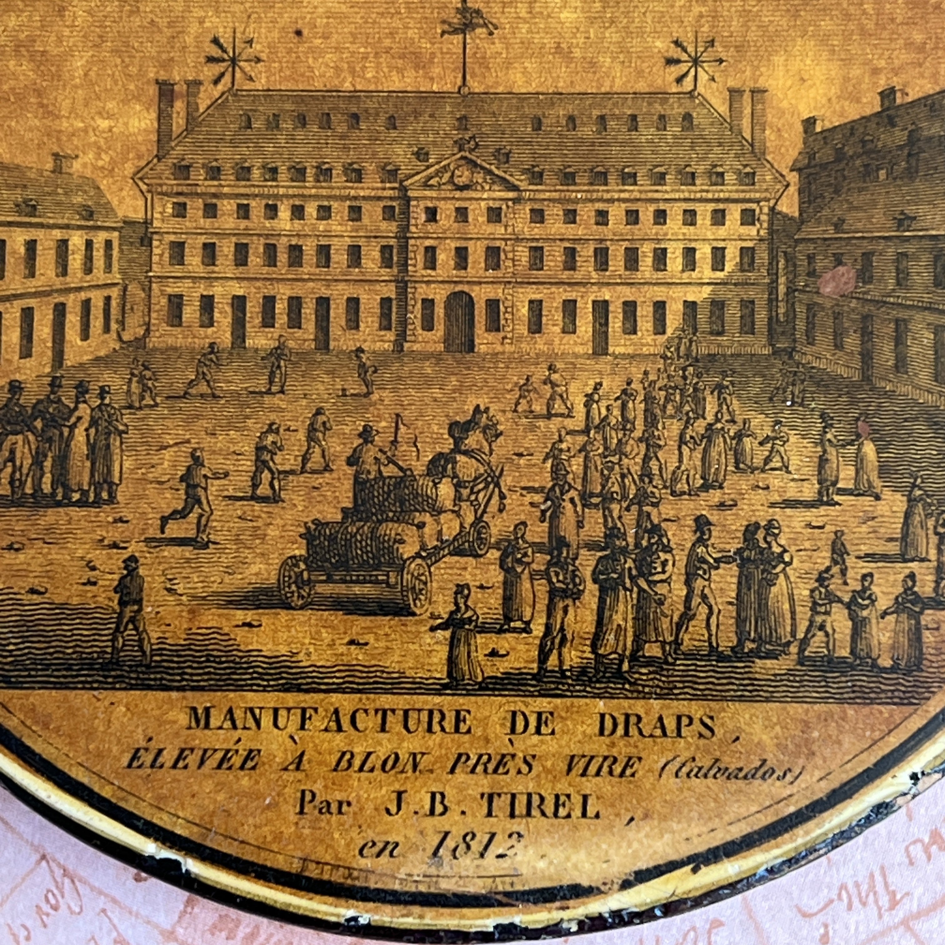 Rare Snuff Box Papier Mache Double Sided Blon Cloth Factory Vaudry France C 1819