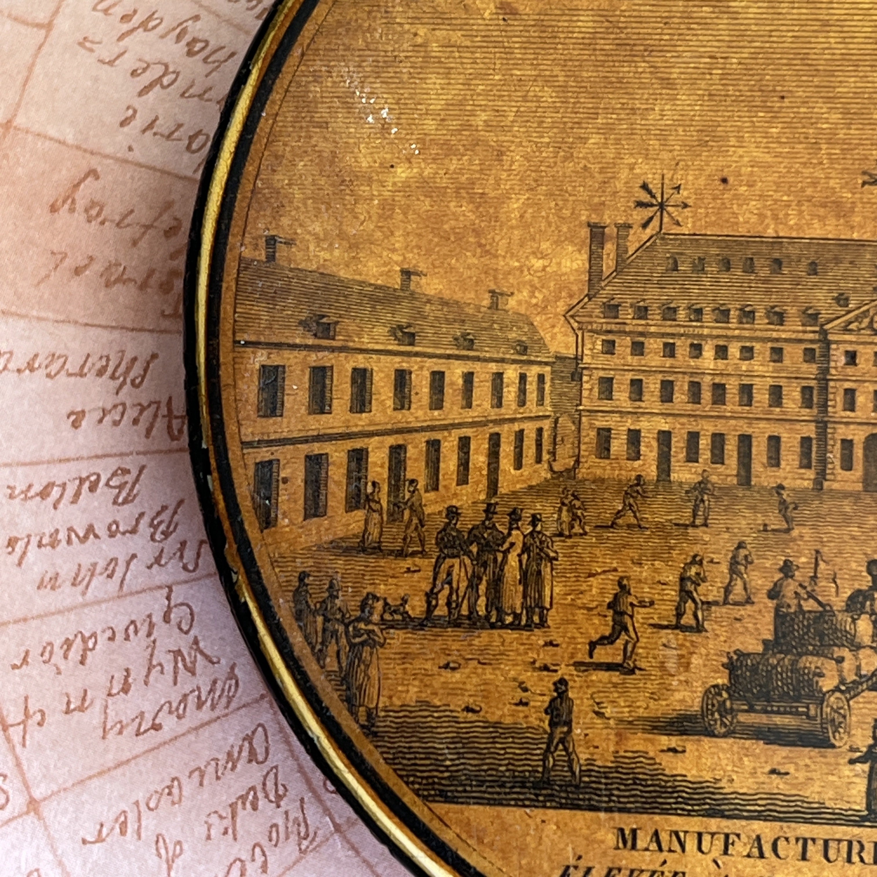 Rare Snuff Box Papier Mache Double Sided Blon Cloth Factory Vaudry France C 1819
