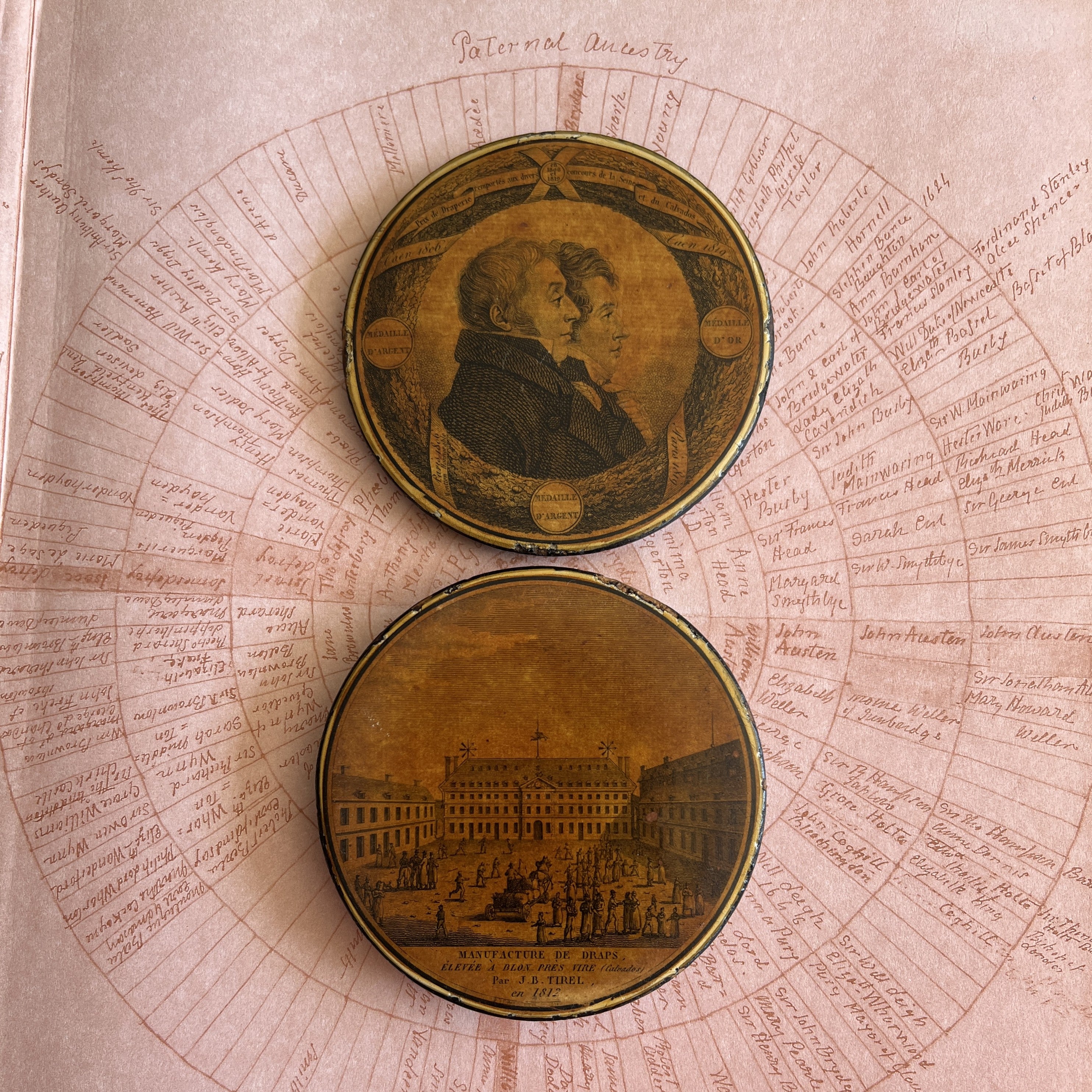 Rare Snuff Box Papier Mache Double Sided Blon Cloth Factory Vaudry France C 1819