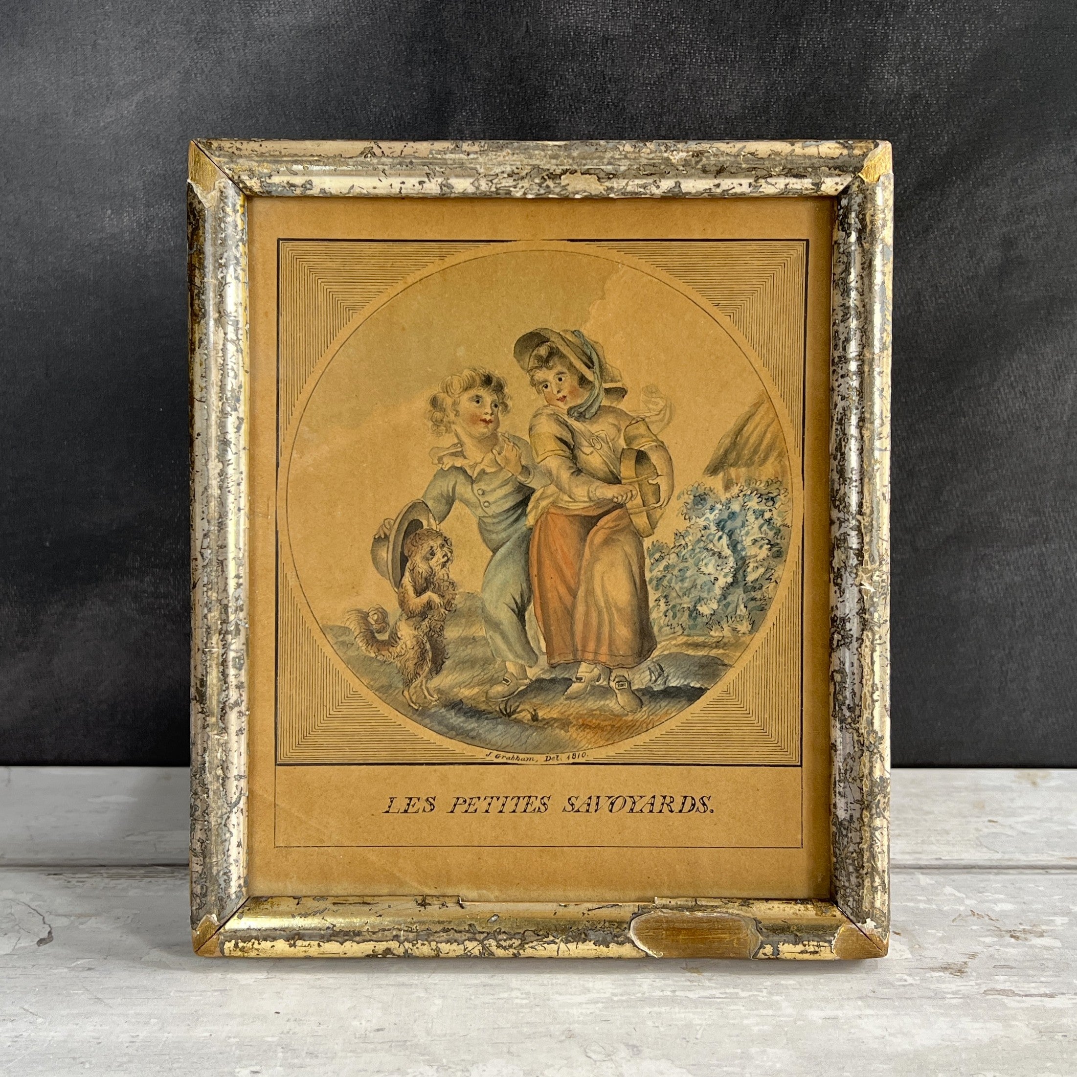 Antique Pair Georgian Miniature Etchings Children And Dog French Theatrical 1810