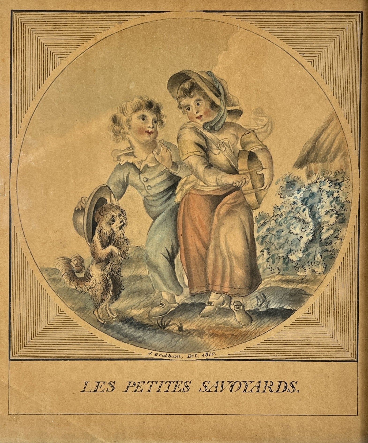 Antique Pair Georgian Miniature Etchings Children And Dog French Theatrical 1810