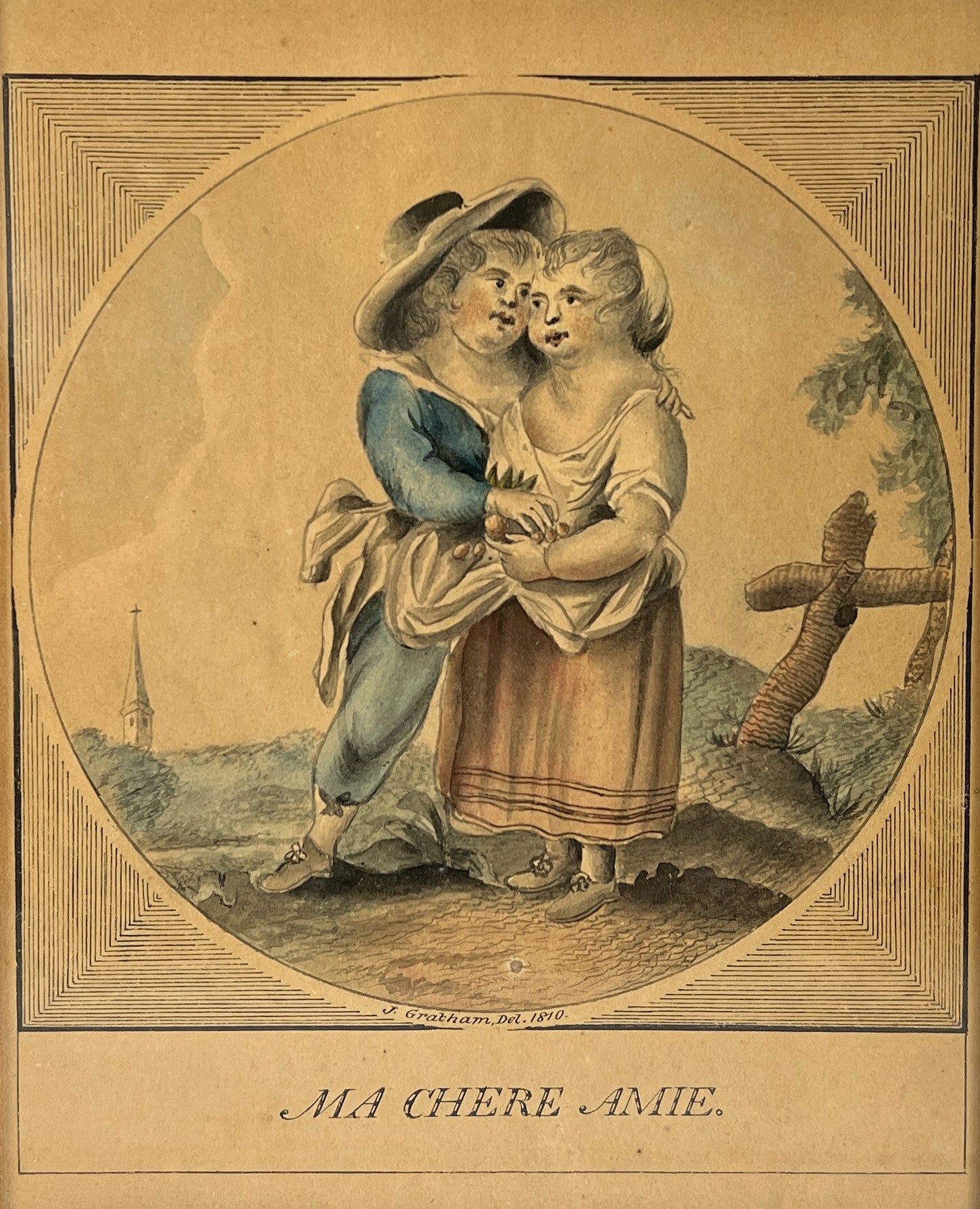 Antique Pair Georgian Miniature Etchings Children And Dog French Theatrical 1810
