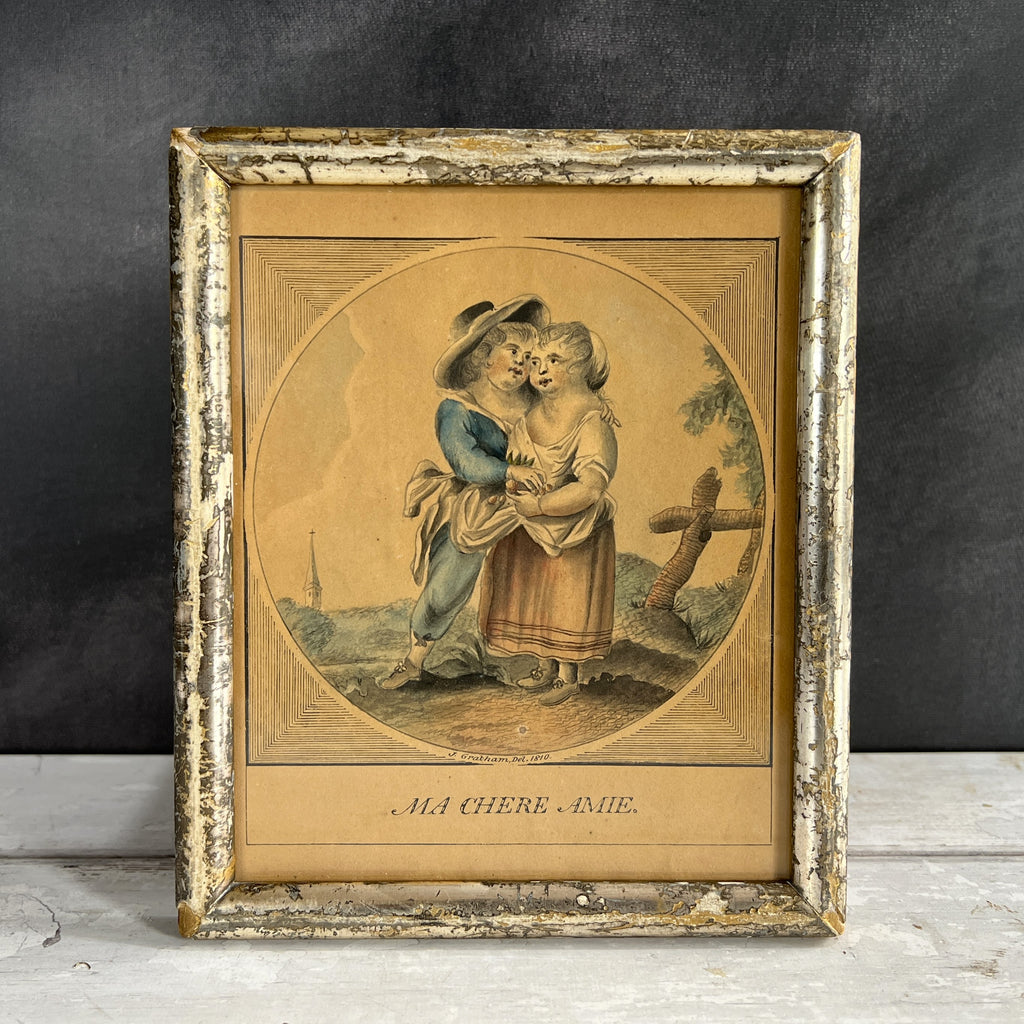 Antique Pair Georgian Miniature Etchings Children And Dog French Theatrical 1810