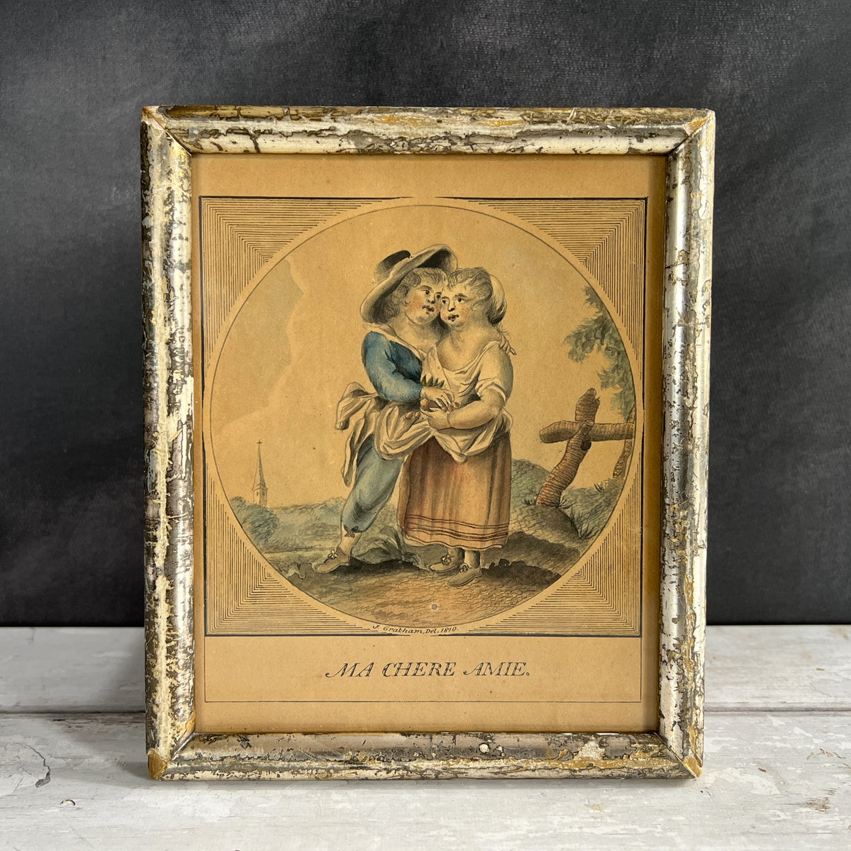 Antique Pair Georgian Miniature Etchings Children And Dog French Theatrical 1810