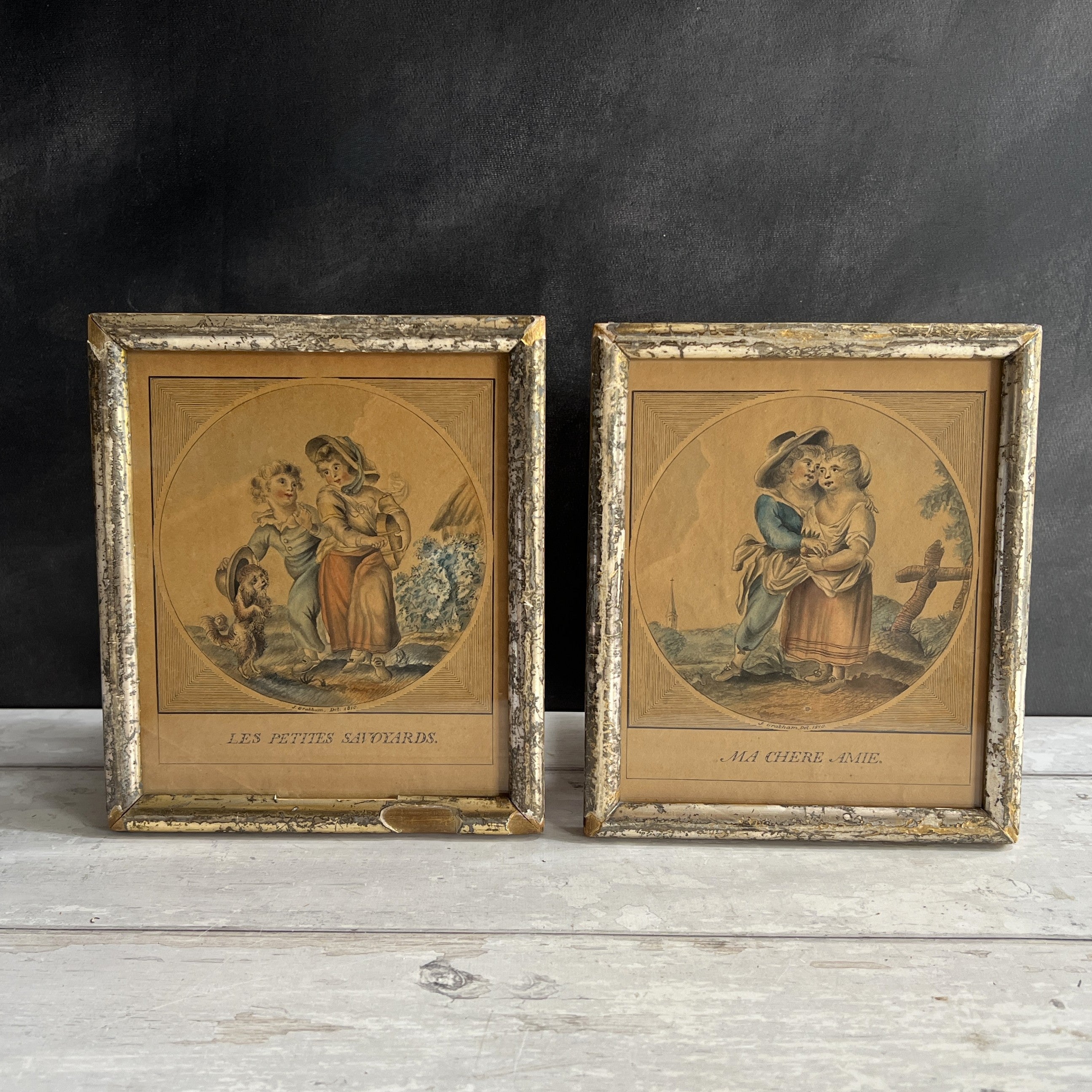Antique Pair Georgian Miniature Etchings Children And Dog French Theatrical 1810