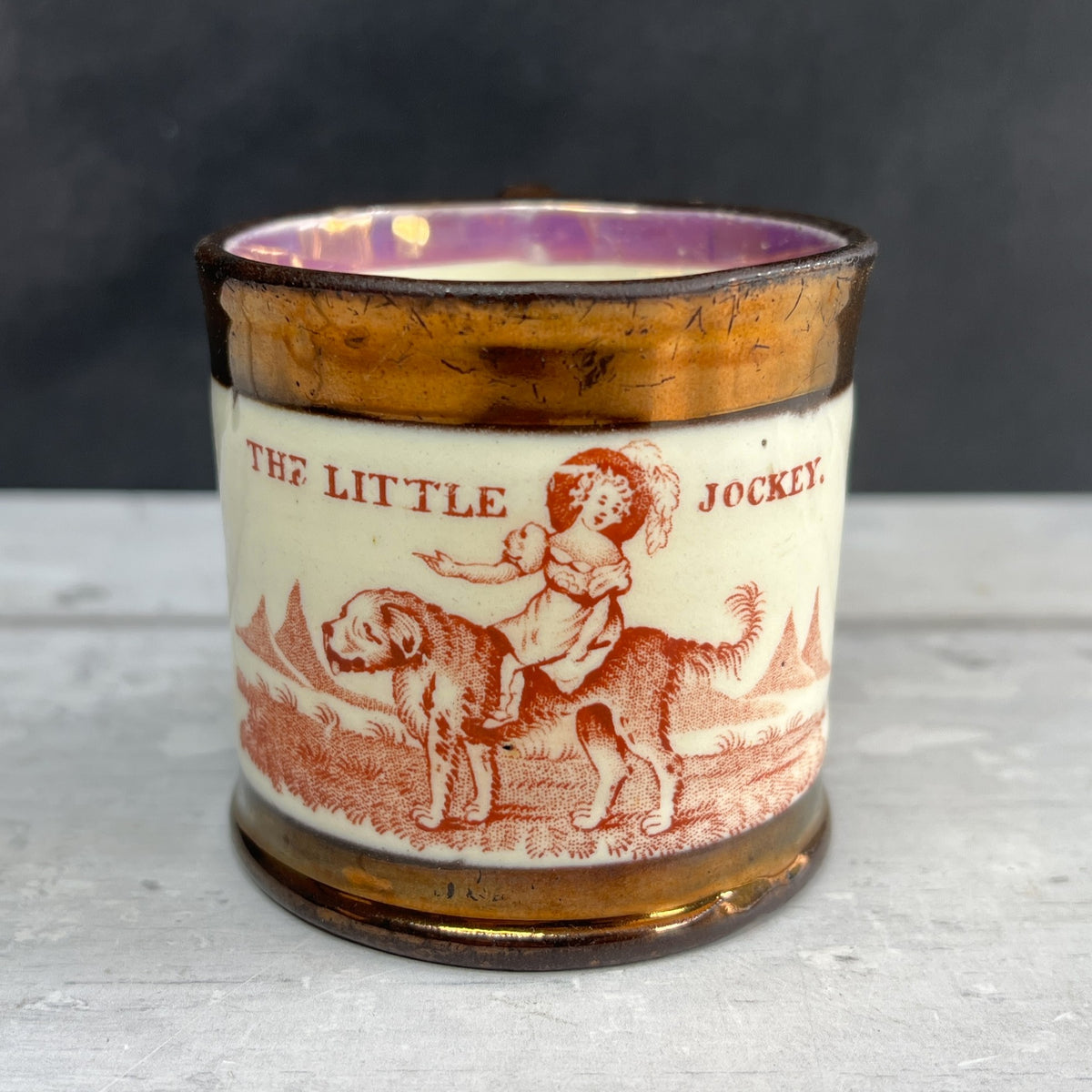 Antique Childs Mug Copper Luster Little Jockey Newfoundland Dog C 1840