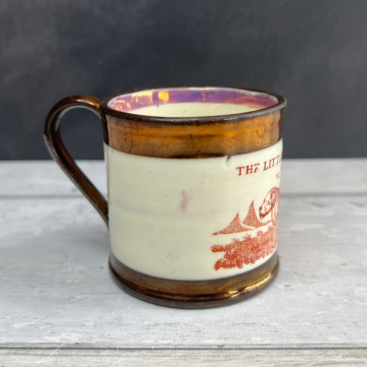 Antique Childs Mug Copper Luster Little Jockey Newfoundland Dog C 1840
