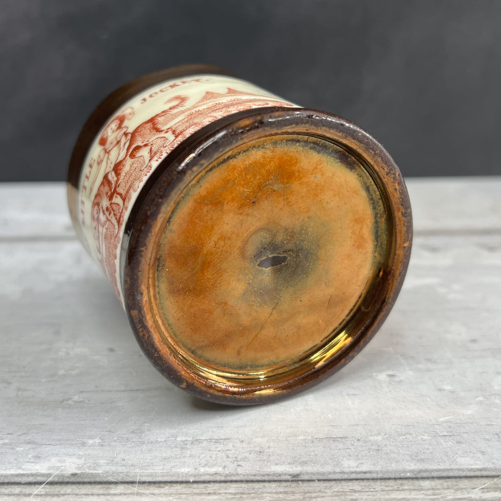 Antique Childs Mug Copper Luster Little Jockey Newfoundland Dog C 1840