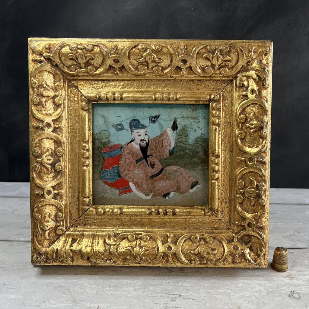 Antique Miniature Chinese Reverse Painting on Glass Circa 1880 Chinoiserie