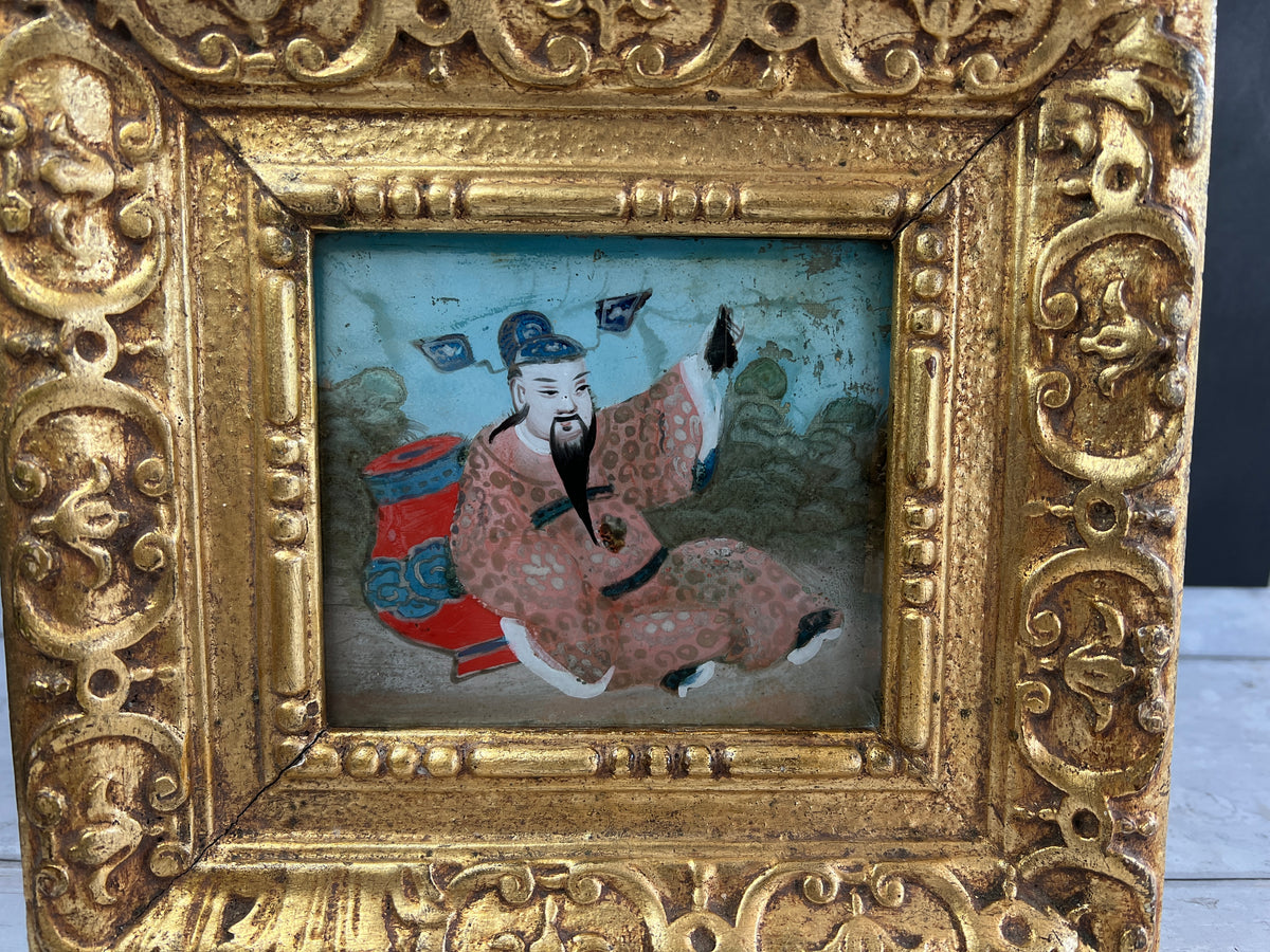 Antique Miniature Chinese Reverse Painting on Glass Circa 1880 Chinoiserie