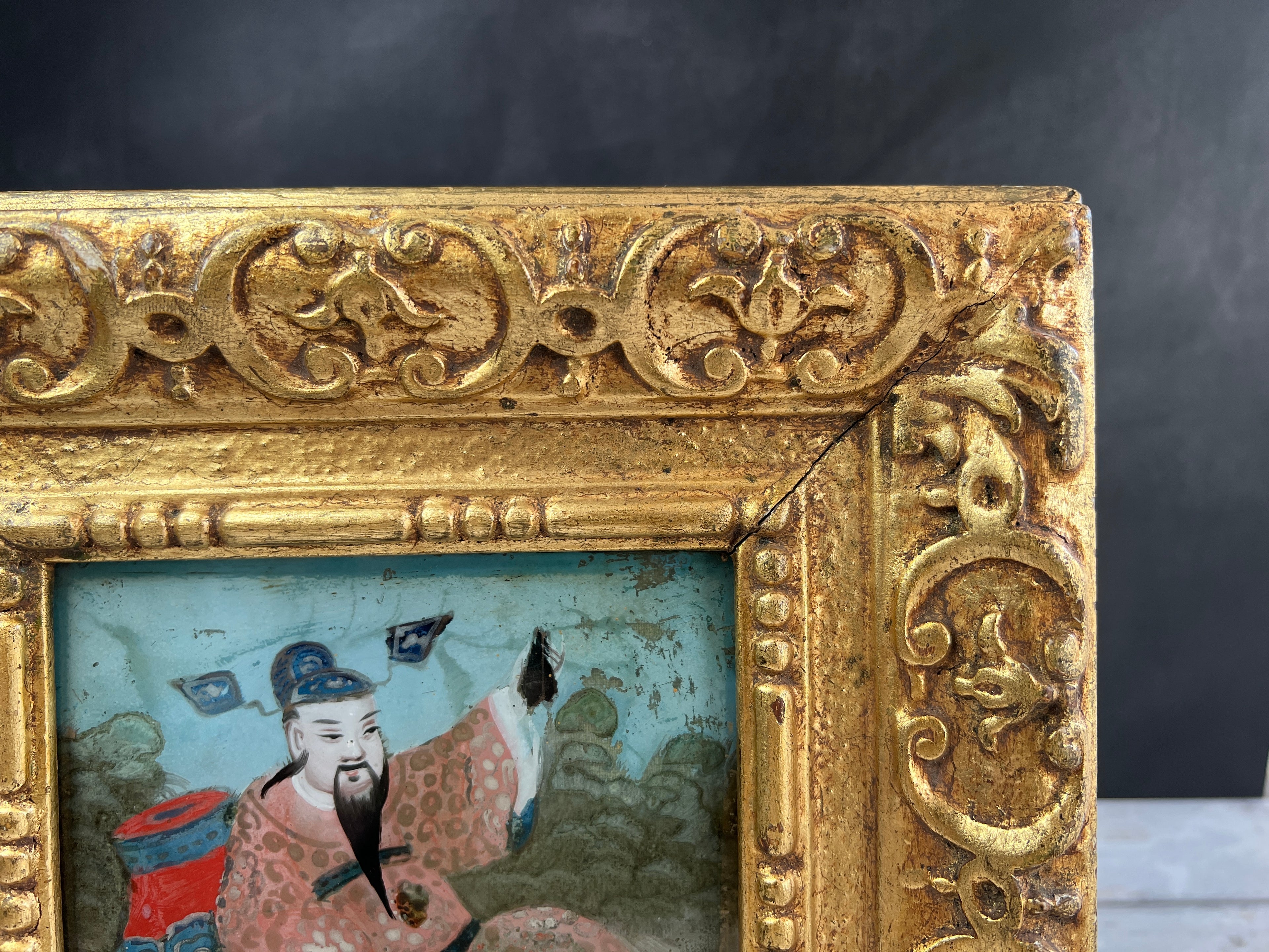 Antique Miniature Chinese Reverse Painting on Glass Circa 1880 Chinoiserie